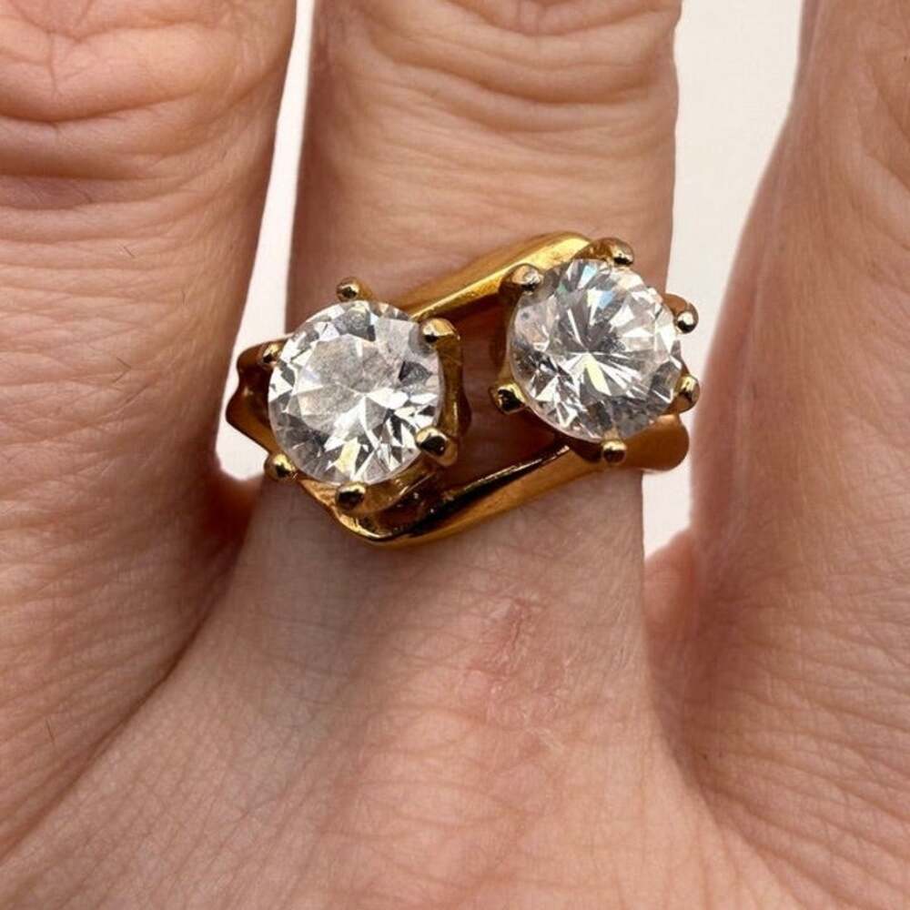 Vintage Signed LIND 14K HGE Toi et Moi Two Stone Cocktail Ring CZ Size 8
